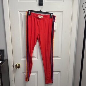 Stylish Red Leggings with Colorful‎ Stripes